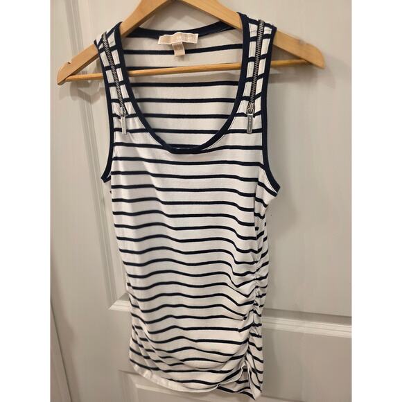 Michael Kors White and Blue Striped Shirt with Zipper Detail - Picture 1 of 7